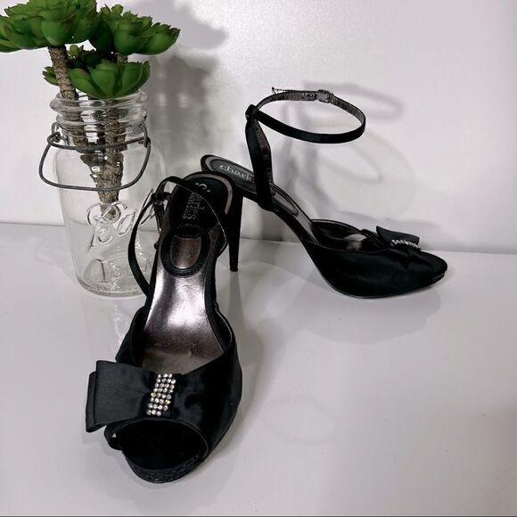 Charles by Charles David Black Satin Snakeskin Stiletto Heels Ankle Strap - Picture 1 of 14